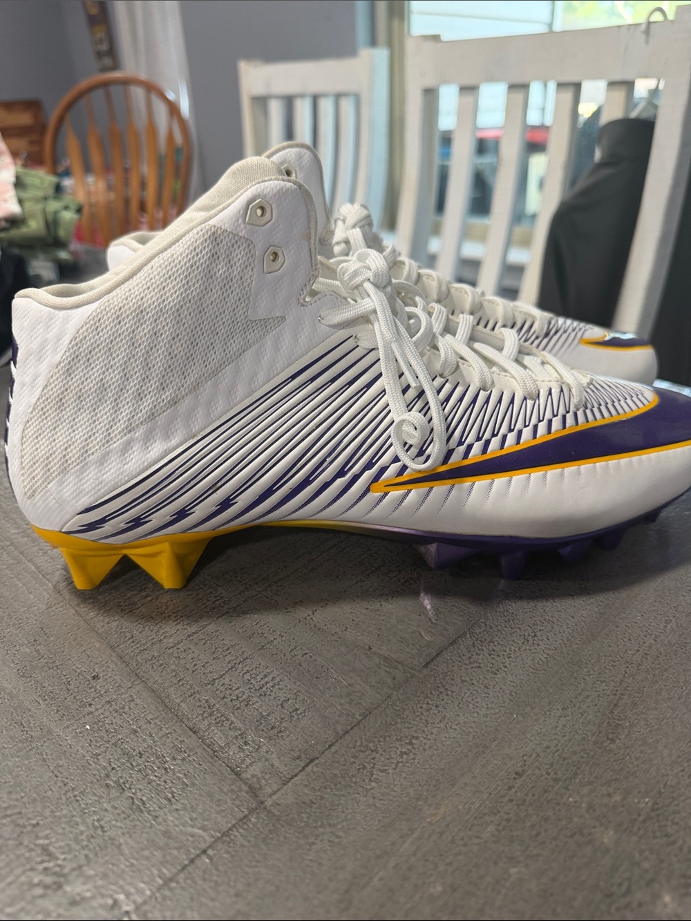 White Football Cleats with Yellow & Purple Accents